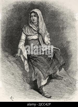 Arab woman dressed in typical and traditional dresses of the Nusayriyah Mountains. Syria, Middle East. The Nusayris by Léon Cahun 1878. Le Tour du Monde 1879 Stock Photo
