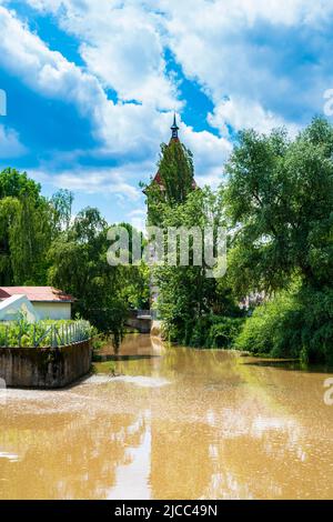 Germany, Waiblingen old town gate building historical, with bridge over rems river in summer on sunny day Stock Photo