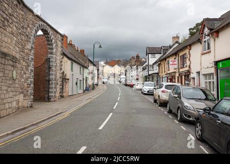 Clwyd Street with the old Gaol entrance on the left, Ruthin, Denbighshire, North Wales, UK Stock Photo