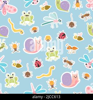 Seamless pattern with sticker insects. Cute snail, bee, lucky frog dragonfly, butterfly and ladybug, worm and spider blue background. Vector illustrat Stock Vector