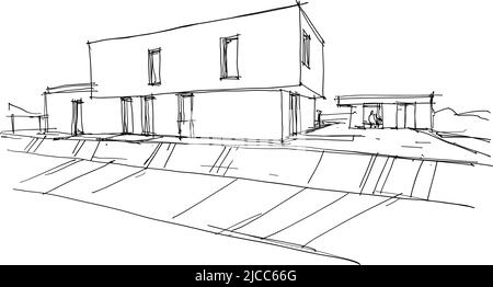 hand drawn architectural sketches of modern one story detached house with garden  and garden house Stock Photo