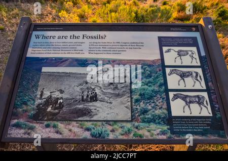 AREGON, USA - MAY 02, 2018: - Information sign 'Where are the Fossils?' in Oregon, USA Stock Photo