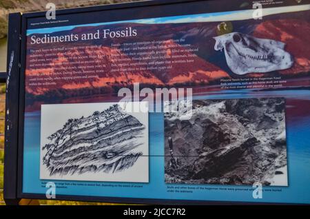 AREGON, USA - MAY 02, 2018: - Information sign 'Sediments and Fossils?' in Oregon, USA Stock Photo