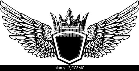 Emblem template with wings and crown. Design element for logo, label, sign, emblem. Vector illustration Stock Vector