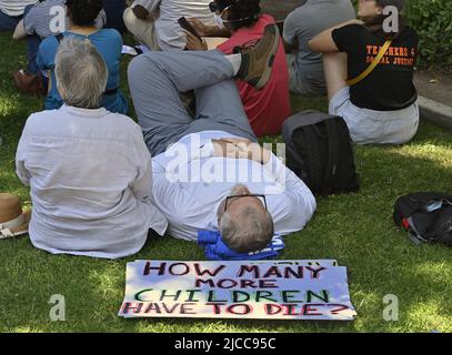 Los Angeles, United States. 12th June, 2022. Protestors join thousands across the country in a March for Our Lives rally against gun violence at City Hall in Los Angeles on Saturday, June 11, 2022. The protest comes in the wake of the elementary school shooting in Uvalde, Texas, that killed 19 children and two teachers, and other mass shootings, such as the racially motivated shooting at a grocery store in Buffalo, N.Y., that killed 10 people. Photo by Jim Ruymen/UPI Credit: UPI/Alamy Live News Stock Photo