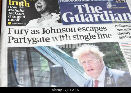 'Fury as Johnson escapes Partygate with single fine' Guardian newspaper headline Boris Johnson front page 20 May 2022 London England UK Great Britain Stock Photo