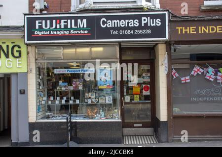 TIVERTON, UK - JUNE 30, 2021 Cameras Plus photography shop on Gold Street Stock Photo