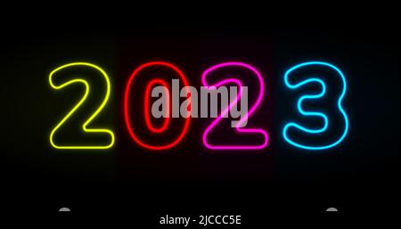 Happy new year 2023 neon sign. 2022 bright colorful text on dark background. Trendy color vivid gradient. Vector template for web header, advertising, Stock Vector