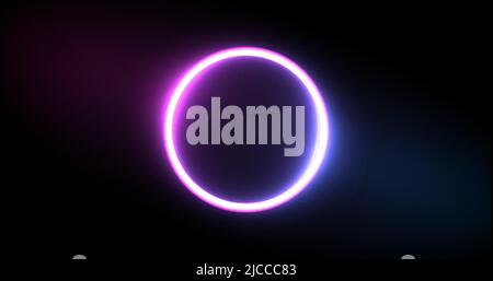 Neon circle glowing purple light. Modern round frame with shining effects on dark background with empty space for text. Trendy color vivid gradient. V Stock Vector