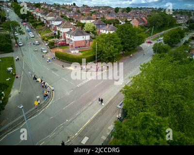The Final Stretch of the Potters Arf Half Marathon 2022 , This was the leader and the first hour of so of runners before they finished in Hanley Stock Photo