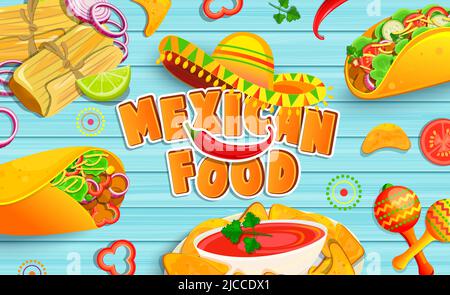 Mexican food banner on wooden background. Stock Vector