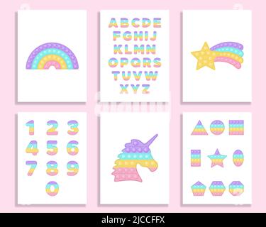 Playroom wall art set pop it fidget toy vector design with alphabet and numbers. Playroom poster preschool education printable banners in pastel popit Stock Vector