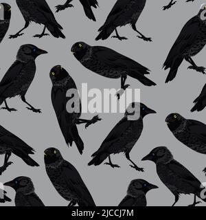 Seamless pattern with crows in different angles on a gray background Stock Vector