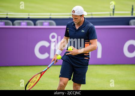 LONDON, UNITED KINGDOM. Jun 12, 2022. Denis Kudla (USA) vs Quentin Halys (FRA) during the qualifying match on Day Two of the 2022 Cinch Championships at The Queen's Club on Sunday, June 12, 2022 in LONDON ENGLAND. Credit: Taka G Wu/Alamy Live News Stock Photo