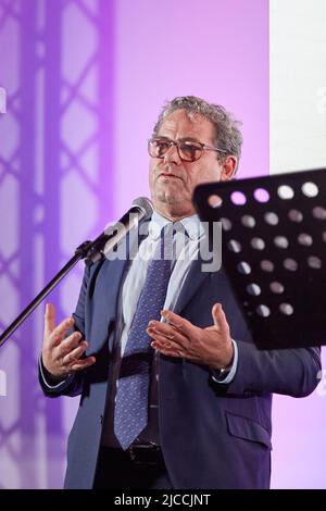 Palermo, Sicily, Italy. 10th June, 2022. More than a thousand supporters of the center-right candidate for the Municipality of Palermo, Roberto Lagalla, attended the last meeting before the election silence at the Politeama Multisala in Palermo. Renato Schifani, Ignazio La Russa, Maurizio Gasparri, Gianfranco MiccichÃ¨, Saverio Romano, Carolina Varchi and Francesco Scoma were among the well-known faces.GIANFRANCO MICCICHÃˆ, President of the Sicilian Regional Assembly (Credit Image: © Victoria Herranz/ZUMA Press Wire) Stock Photo