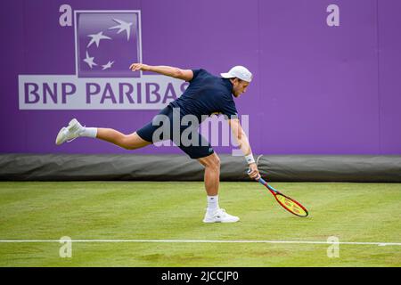 LONDON, UNITED KINGDOM. Jun 12, 2022. Denis Kudla (USA) vs Quentin Halys (FRA) during the qualifying match on Day Two of the 2022 Cinch Championships at The Queen's Club on Sunday, June 12, 2022 in LONDON ENGLAND. Credit: Taka G Wu/Alamy Live News Stock Photo