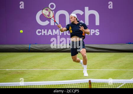 LONDON, UNITED KINGDOM. Jun 12, 2022. Denis Kudla (USA) vs Quentin Halys (FRA) during the qualifying match on Day Two of the 2022 Cinch Championships at The Queen's Club on Sunday, June 12, 2022 in LONDON ENGLAND. Credit: Taka G Wu/Alamy Live News Stock Photo