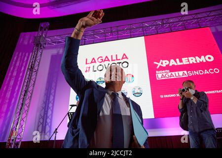 Palermo, Sicily, Italy. 10th June, 2022. More than a thousand supporters of the center-right candidate for the Municipality of Palermo, Roberto Lagalla, attended the last meeting before the election silence at the Politeama Multisala in Palermo. Renato Schifani, Ignazio La Russa, Maurizio Gasparri, Gianfranco MiccichÃ¨, Saverio Romano, Carolina Varchi and Francesco Scoma were among the well-known faces.The candidate ROBERTO LAGALLA (Credit Image: © Victoria Herranz/ZUMA Press Wire) Stock Photo