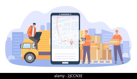 Online delivery service. Smartphone with gps navigation and tracking service for shipping company. Courier holding parcel Stock Vector