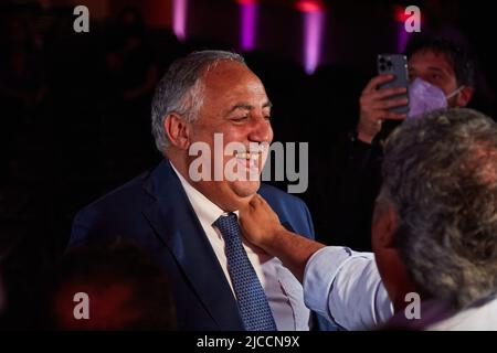 Palermo, Sicily, Italy. 10th June, 2022. More than a thousand supporters of the center-right candidate for the Municipality of Palermo, Roberto Lagalla, attended the last meeting before the election silence at the Politeama Multisala in Palermo. Renato Schifani, Ignazio La Russa, Maurizio Gasparri, Gianfranco MiccichÃ¨, Saverio Romano, Carolina Varchi and Francesco Scoma were among the well-known faces.The candidate ROBERTO LAGALLA (Credit Image: © Victoria Herranz/ZUMA Press Wire) Stock Photo