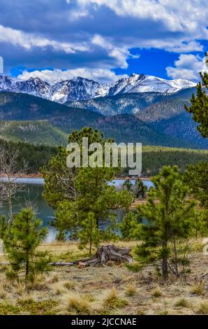 Crystal Creek reservoir near snow-capped mountains Pikes Peak Mountains in Colorado Spring, USA Stock Photo