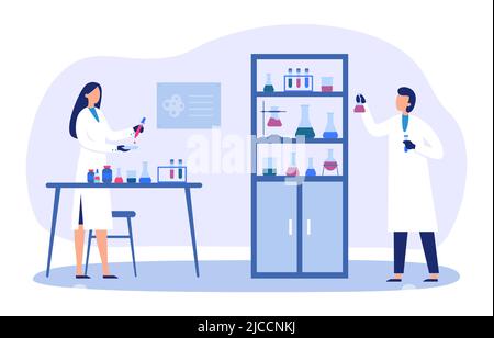 Female and male scientists working with glassware in a laboratory. Cute ...
