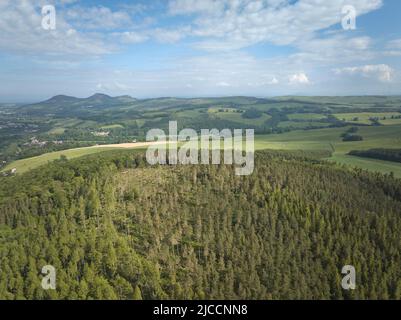 Aerial view from Gala Hill in Galashiels looking The Eildons. Damage caused by Storm Arwen in the foreground. Stock Photo