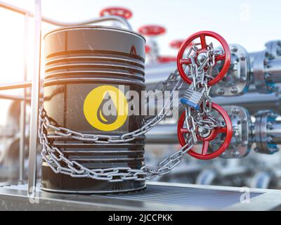 Oil crisis concept. Oil barrel and oil pipe line locked with chain. 3d illustration Stock Photo