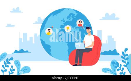 Team working remotely. Man in headset sitting on chair with laptop talking to colleagues from different locations Stock Vector