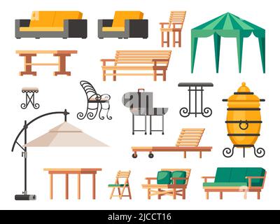 Patio furniture. Summer terrace chair table sofa umbrella, garden and veranda lounge icons with backyard barbecue grill. Vector isolated set Stock Vector
