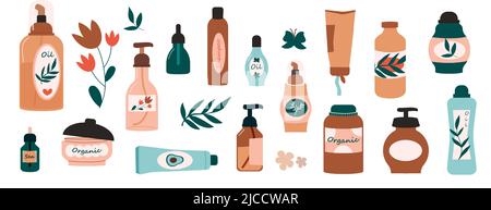 Organic make up packaging. Hand drawn cosmetic products and skin care natural treatment, glass bottles, paper tubes and glass jars. Vector scrub Stock Vector