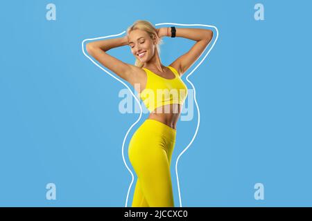 Young woman in sportswear demonstrating slim body on blue background, collage with outlines of overweight silhouette Stock Photo