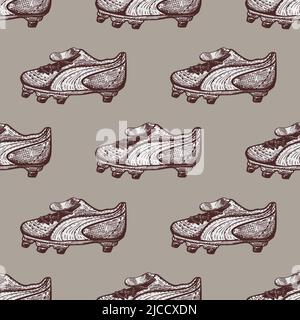 Football boots engraving seamless pattern. Vintage background sport topic in hand drawn style. Vector repeated design texture for print, fabric, wrapp Stock Vector