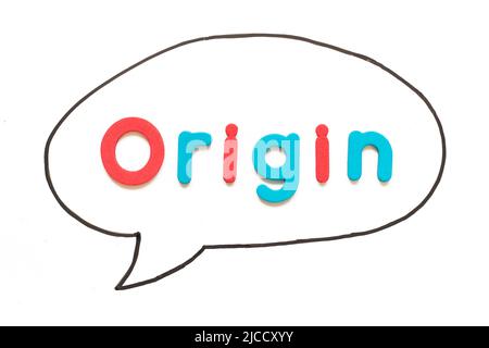 Alphabet letter with word origin in black line hand drawing as bubble speech on white board background Stock Photo