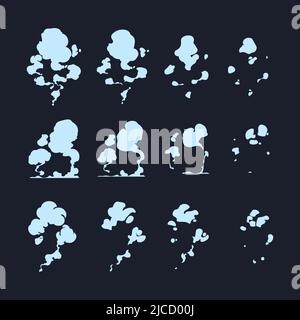 Smoke sprite effect. Cartoon dust cloud game animation asset, steam blast and fog dissipation 2D graphic frames. Vector comic explosion Stock Vector