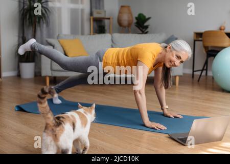 Online domestic sports. Active senior woman exercising to video on laptop, doing plank at home Stock Photo