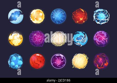 Cartoon energy spheres. Magic fantasy orb asset for 2D game, witchcraft prophesy globe and crystal sphere with shiny sparks sprite collection. Vector Stock Vector