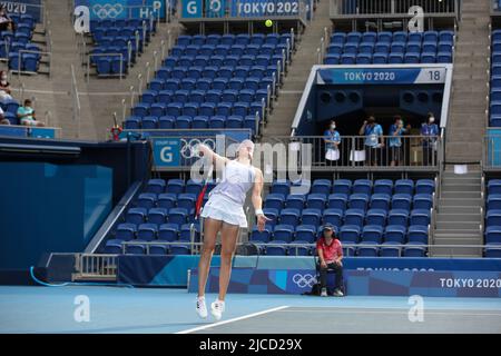 JULY 29th, 2021 - TOKYO, JAPAN: Elena Rybakina of Kazakhstan in action during the Tennis Women's Singles Semifinal against Belinda Bencic of Switzerla Stock Photo