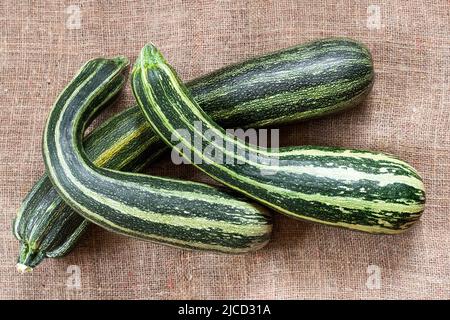 Fresh striped zucchini on sackcloth background Stock Photo