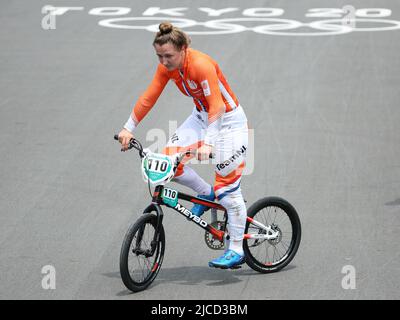 JULY 30th, 2021 - TOKYO, JAPAN: Laura Smulders of Netherlands reacts not making it to the Final of the Cycling BMX Racing at the Tokyo 2020 Olympic Ga Stock Photo