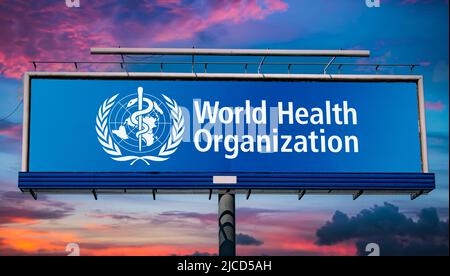 POZNAN, POL - MAY 1, 2022: Advertisement billboard displaying logo of The World Health Organization (WHO), a specialized agency of the United Nations Stock Photo