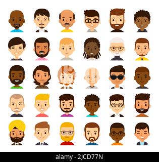 Set of 30 diverse cartoon male avatars. Men of different ethnicities, ages, skin and hair color. Cute and simple flat vector style, isolated on white Stock Vector