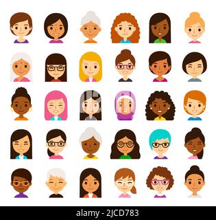 Set of 30 diverse cartoon female avatars. Women of different ethnicities, ages, skin and hair color. Cute and simple flat vector style, isolated on wh Stock Vector