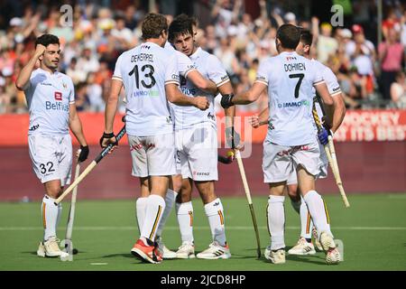 Belgium's Alexander Hendrickx celebrates after scoring during a hockey match between the Belgian Red Lions and India in the group stage (game 14 out of 16) of the Men's FIH Pro League competition, Sunday 12 June 2022 in Wilrijk, Antwerp. BELGA PHOTO JOHAN EYCKENS Stock Photo