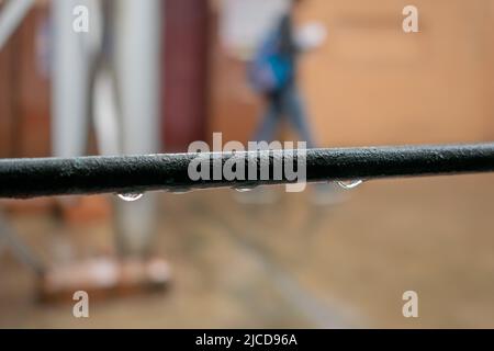 Rain drops on window train. Rain during train journey. Stock Photo