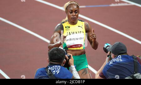 JULY 31st, 2021 - TOKYO, JAPAN: Elaine Thompson-Herah of Jamaica wins the Women's 100m Final in 10.61 setting up a new Olympic Record at the Tokyo 202 Stock Photo