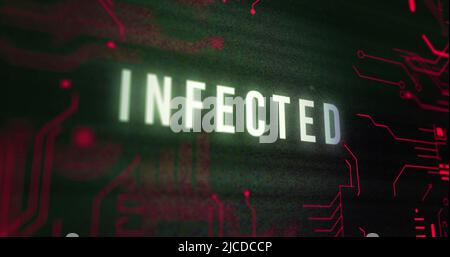 Image of interference over infected text, data processing and computer circuit board Stock Photo