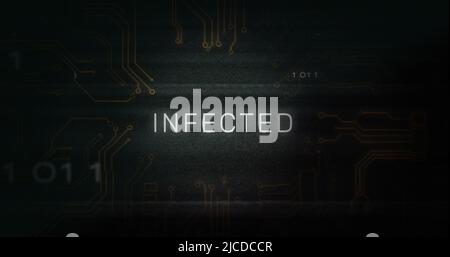 Image of interference over infected text, data processing and computer circuit board Stock Photo