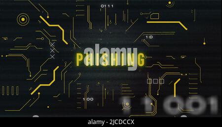 Image of interference over phishing text, data processing and computer circuit board Stock Photo