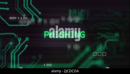Image of interference over phishing text, data processing and computer circuit board Stock Photo